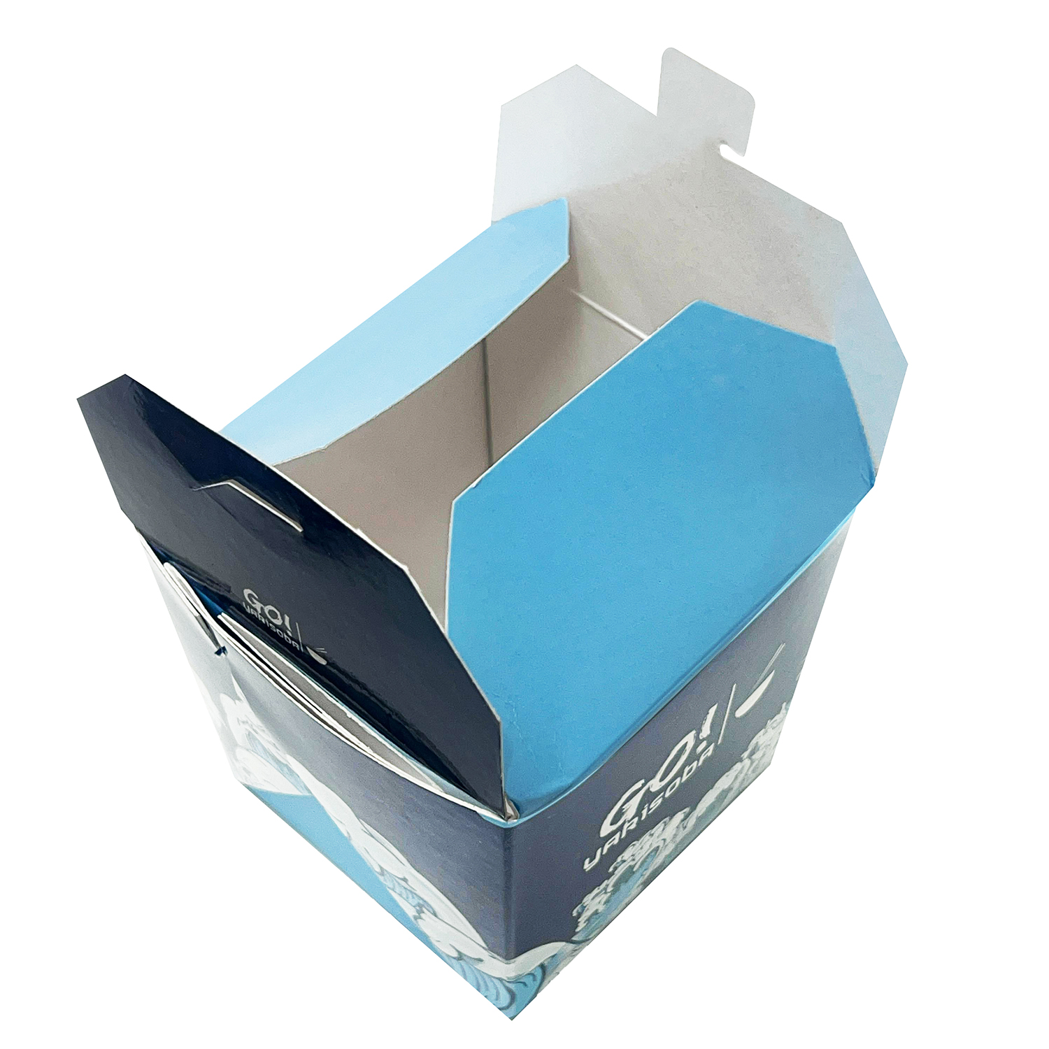 Embalagem tipo caixa grande personalizada, 800 ml, nas cores azul e branca, ideal para delivery e takeaway de refeições