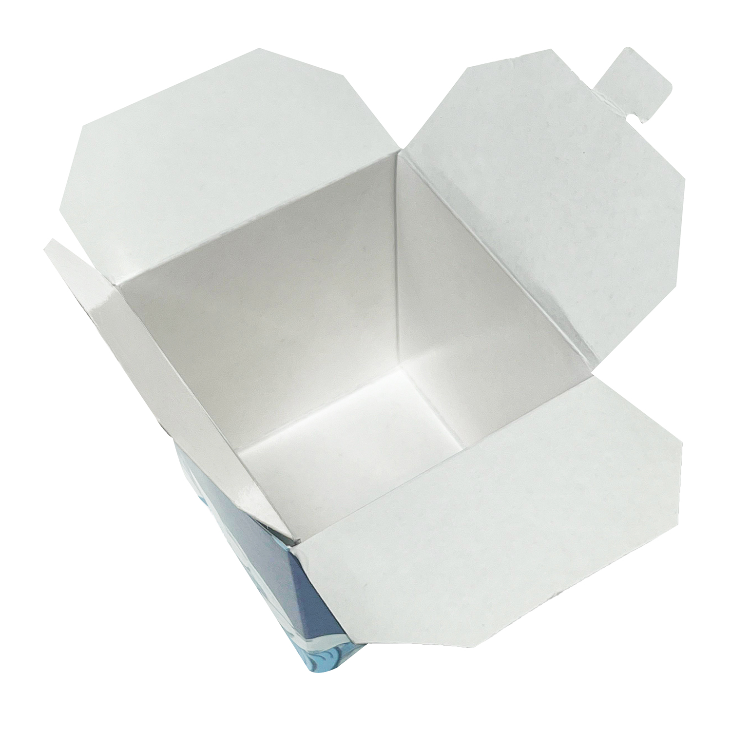 Embalagem tipo caixa em papel cartão, 800 ml, aberta para mostrar o interior, ideal para alimentos ou presentes personalizados