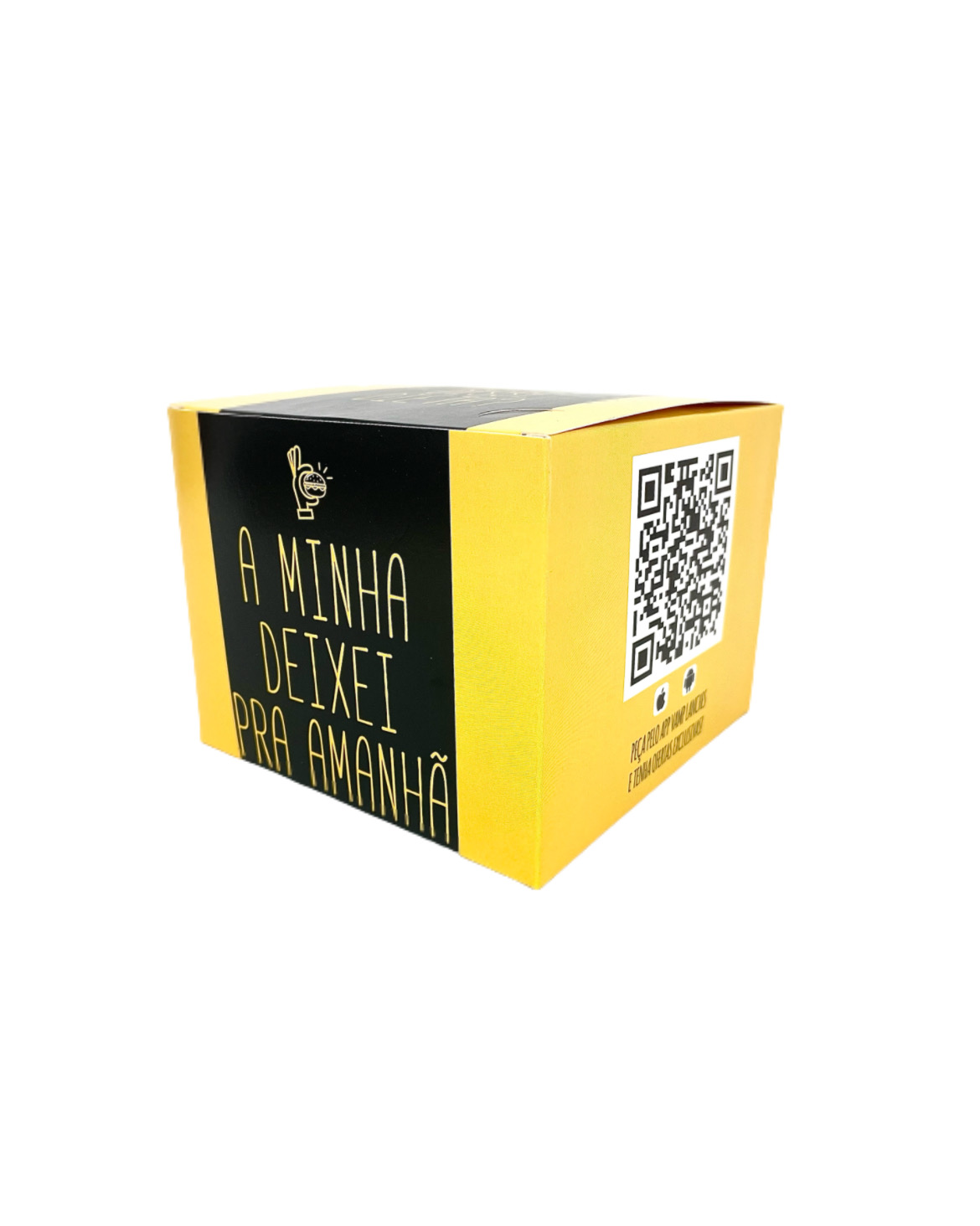Embalagem de caixa para lanche gourmet, personalizada, 12,5 x 12,5 x 10 cm, design moderno e divertido com frase em destaque e QR code, ideal para lanches estilosos.