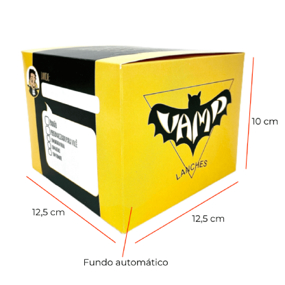 Caixa para lanches com design personalizado, dimensões 12,5 x 12,5 x 10 cm, fundo automático, tema criativo com cores vibrantes e espaço para marcação do pedido, ideal para lanches gourmet.