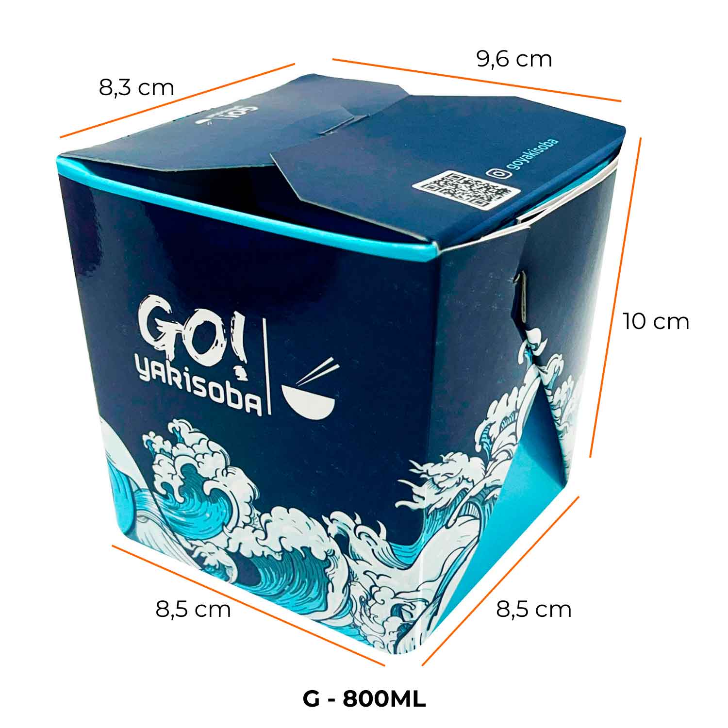 Embalagem caixa personalizada 800 ml com arte oriental de ondas, dimensões 8,3 x 8,5 x 10 cm, ideal para alimentos como yakisoba