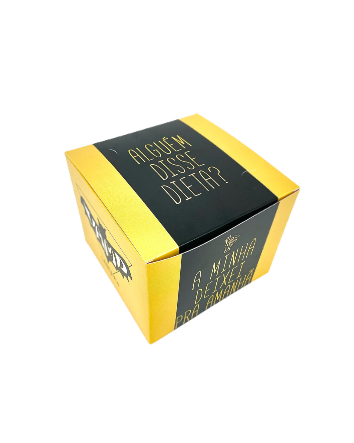 Embalagem de caixa para lanche gourmet, personalizada, 12,5 x 12,5 x 10 cm, design moderno e divertido com frase em destaque e QR code, ideal para lanches estilosos.