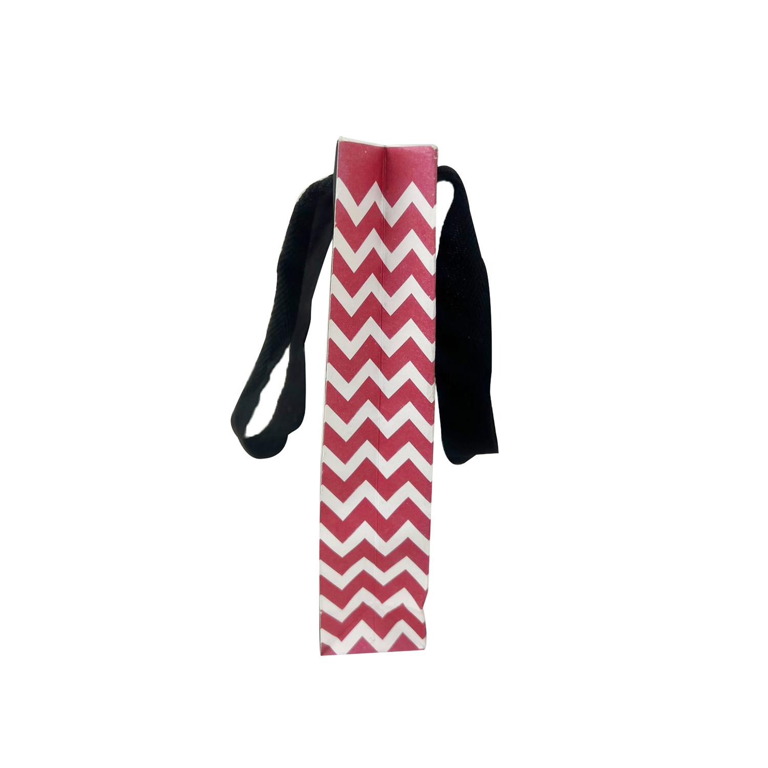 Sacola offset com estampa em ziguezague branca e rosa, alças pretas, medindo 17 x 4 x 17 cm. Vendida em conjuntos de 50 unidades, ideal para presentes ou embalagens especiais