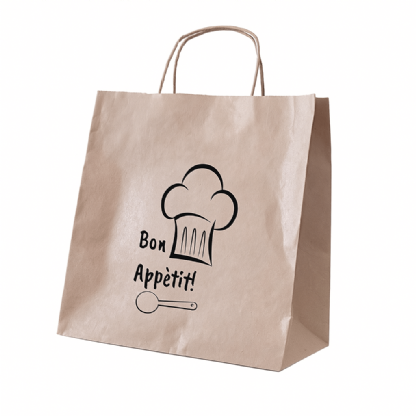 Sacola kraft personalizada destacando o design da arte com alça de papel torcido.