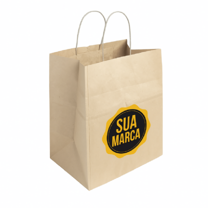 Sacola kraft personalizada exibindo o design da escrita e alças de papel torcido em cores variadas.