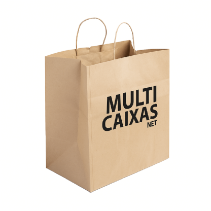 Sacola kraft personalizada mostrando o design da escrita e alças de papel torcido coloridas.